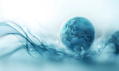 Wall Mural - A globe on the background of abstract waves, a light blue color scheme, a white background, a blurred image of a world map in gray tones,


