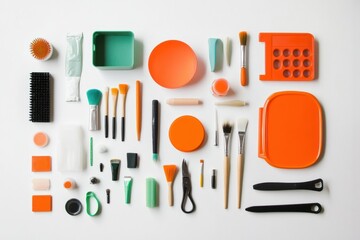 Aufkleber - Various hobby and DIY tools including brushes, scissors, and paints are organized neatly on a white surface, providing a clean workspace. Generative AI