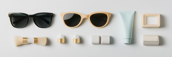 Poster - Get ready for summer with stylish sunglasses and sunscreen laid out for outdoor fun and sun protection on a bright day. Generative AI