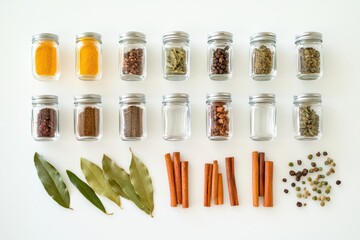 Fototapete - A vibrant arrangement of small spice jars, bay leaves, and cinnamon sticks showcases a variety of spices on a clean white surface. Generative AI