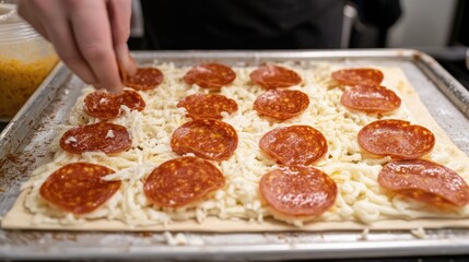 Wall Mural - Preparing Delicious Pepperoni Pizza with Cheese and Dough