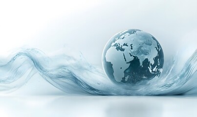 Wall Mural - A globe on the background of abstract waves, a light blue color scheme, a white background, a blurred image of a world map in gray tones,


