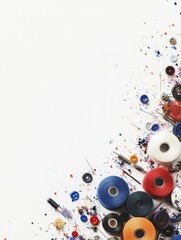 Poster - Sewing essentials including colorful threads, needles, and buttons are arranged creatively against a white backdrop, leaving space for text. Generative AI