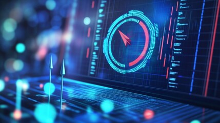 Wall Mural - futuristic technology background featuring low poly digital target with arrow in bullseye on a compu