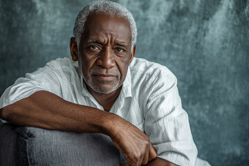 Black senior citizen man leaning over the back of a chair wearing a white shirt