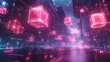 © TranNgoc - An abstract 3D depiction of a decentralized blockchain network, interconnected cubes floating around a digital globe, neon lines pulsing with data, high-definition details, vibrant lighting effects,