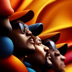 Wall Mural - Vibrant Portraits of Men in Caps Against a Dynamic Orange Background