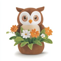 Wall Mural - Adorable plush owl nestled in a pot of flowers.