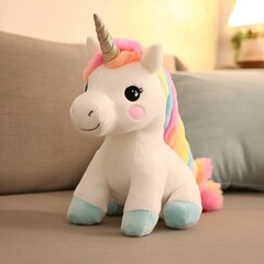 Wall Mural - Adorable rainbow mane plush unicorn toy sitting on a beige couch.