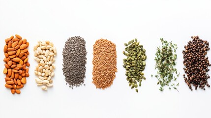 Fototapete - Various organic seeds, nuts, and herbs are neatly arranged on a white surface, providing ample space for additional text and information. Generative AI