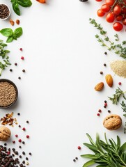Fototapete - Fresh organic seeds, nuts, and herbs on a white background offer a perfect canvas for creative text. Generative AI