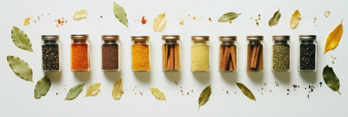 Fototapete - Brightly colored spice jars and aromatic herbs are neatly arranged with bay leaves and cinnamon sticks on a plain white background. Generative AI