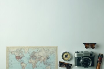 Poster - A map, compass, small camera, and sunglasses lie on a white background, showcasing essentials for travel adventures and exploration. Generative AI