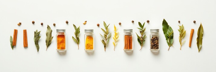 Fototapete - Vibrant jars filled with spices, complemented by bay leaves and cinnamon sticks, create an aromatic display on a clean white surface. Generative AI