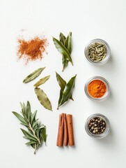 Fototapete - Vibrant spices and herbs in jars, with bay leaves and cinnamon sticks, create an aromatic display perfect for text. Generative AI