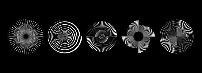 Poster - Radial spinning spiral pattern set. Rotating circle sound wave concepts. Circular speed line form collection. Abstract sunburst ray and beam design element for icon, badge, logo, tag, label. Vector