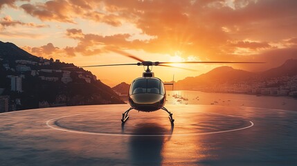 Wall Mural - A helicopter sits on a landing pad overlooking a bay at sunset.