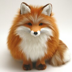 Wall Mural - Fluffy red fox plush toy sitting on white background.