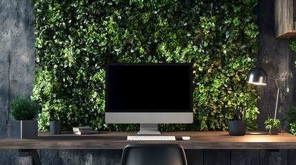 Product mockup model with green plants surrounding the computer placed on the office desk