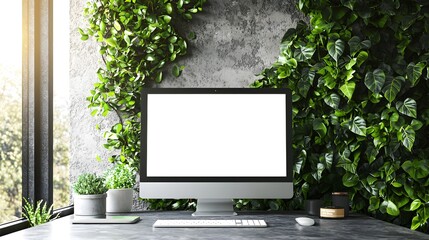Product mockup model with green plants surrounding the computer placed on the office desk