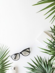 Poster - Bright summer accessories like sunglasses and sunscreen are styled with lush greenery on a clean white backdrop, perfect for seasonal vibes. Generative AI