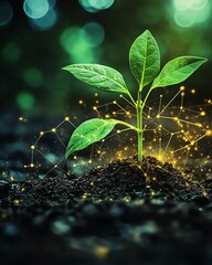 Poster - A visual of data scientists planting seeds in a datadriven environment, with growing algorithms and graphs emerging from the soil, representing innovation and growth in tech