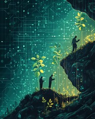 Aufkleber - A visual of data scientists planting seeds in a datadriven environment, with growing algorithms and graphs emerging from the soil, representing innovation and growth in tech