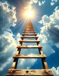 © AllKlear - A wooden ladder stretches upwards towards a radiant sun, piercing through a breathtaking blue sky. This inspiring image symbolizes the pursuit of dreams, aspirations, and the limitless potential