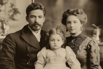 Vintage Family Portrait of African American Father Mother and Daughter in Victorian Clothing