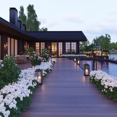 Canvas Print - Modern house with wooden deck, pool, and flowerbeds at dusk.