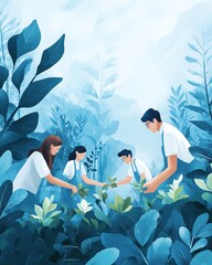 Aufkleber - A team of data scientists from different backgrounds planting seeds in a techinspired landscape, representing innovation and growth in the field of data science