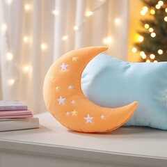 Wall Mural - Orange crescent moon pillow with stars on a table.