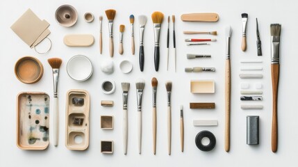 Poster - Various DIY tools like brushes, scissors, and paints are organized on a white background, providing a clear workspace for crafting and creativity. Generative AI