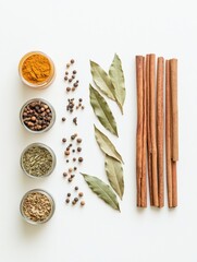Fototapete - Small jars filled with vibrant spices are arranged alongside bay leaves and cinnamon sticks, creating an aromatic display with space for text. Generative AI