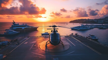 Wall Mural - A helicopter sits on a helipad on a yacht at sunset, with another yacht in the background.