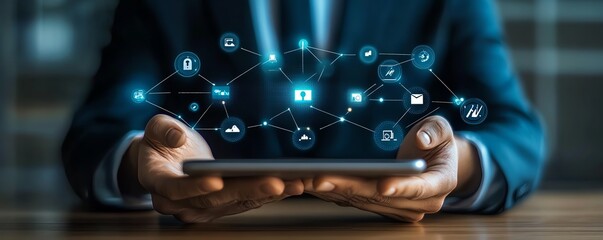 Poster - Futuristic abstract image of digital transformation in business, showcasing technology revolutionizing corporate processes and fostering innovation and growth