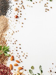 Fototapete - Organic seeds, nuts, and herbs are artfully arranged on a white background, creating a clean space perfect for text or design. Generative AI