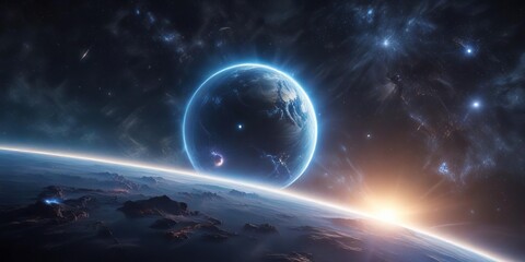 glowing blue planet with nebulae and starlight , starlight, nebulae