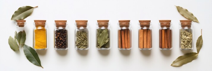 Fototapete - Small jars filled with vibrant spices are arranged with bay leaves and cinnamon sticks, offering an aromatic touch and space for text. Generative AI