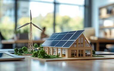 Closeup of an office desk with windmill and solar panel models