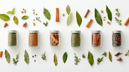 Fototapete - Delightful assortment of colorful spice jars alongside bay leaves and cinnamon sticks on a clean white surface, perfect for cooking creativity. Generative AI