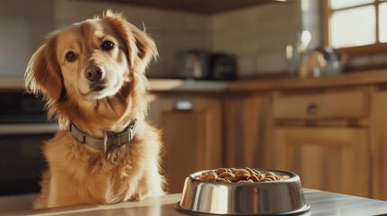 Poster - A friendly dog with a collar patiently sits next to its stainless steel bowl, filled with dog food, in a bright and inviting kitchen. Generative AI