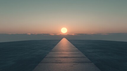 Wall Mural - A long path leads toward the sun setting over a cloudy horizon.