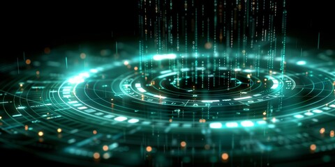 Wall Mural - dynamic digital code visualization displaying chaos effects and abstract circular patterns in a dark