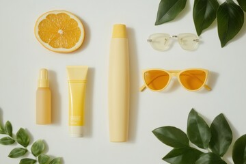 Poster - Bright summer accessories featuring yellow sunglasses and sunscreen laid out on a white background with a slice of orange and green leaves. Generative AI