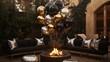 © AB30 - Luxurious New Year's Eve outdoor scene with metallic balloon bouquets in black, silver, and gold, set around a fire pit area with cozy seating
