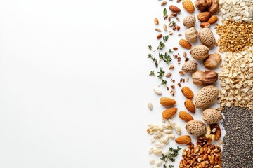 Fototapete - Natural seeds, nuts, and herbs are beautifully arranged on a clean white surface, creating a perfect blank space for custom text or branding. Generative AI