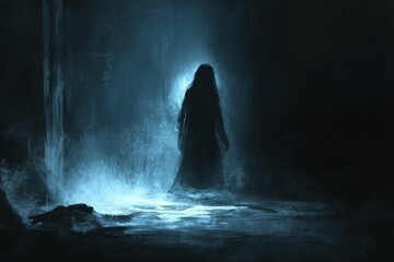 Wall Mural - Dark figure, ghostly glow, shadowy landscape.