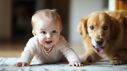 Wall Mural - A baby and a golden retriever dog look at the camera and smile.