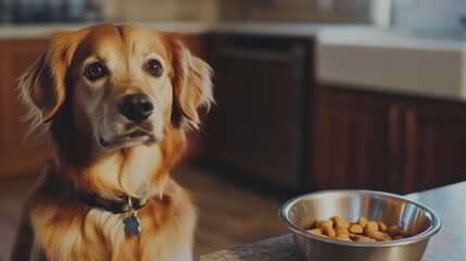 Poster - A dog with a collar sits quietly next to a bowl filled with food in a warm kitchen. The environment suggests mealtime anticipation. Generative AI